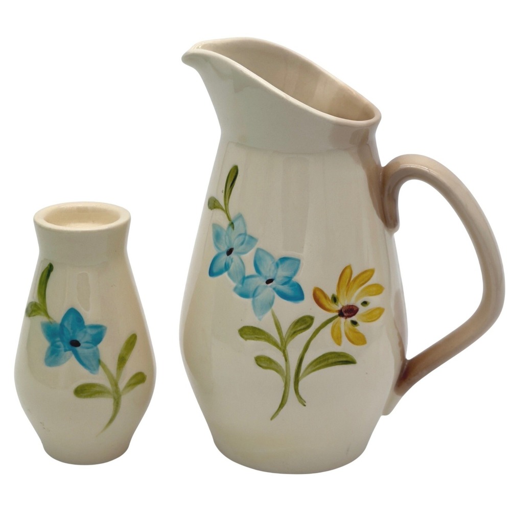 VTG Franciscan Daisy 12oz Syrup Creamer Pitcher Salt Shaker Set Blu Cream Yellow